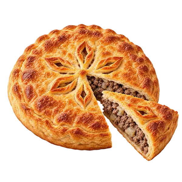 Мясной пирог: пирог и кусочек с начинкой